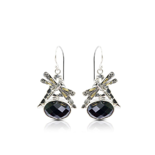 Black onyx earrings dangle drop set in 925 sterling silver and 18K yellow gold decorated with dragonfly ornament