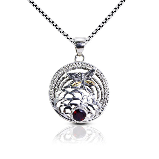 red Garnet pendant necklace 925 sterling silver with dragonfly decorated ornament and chain