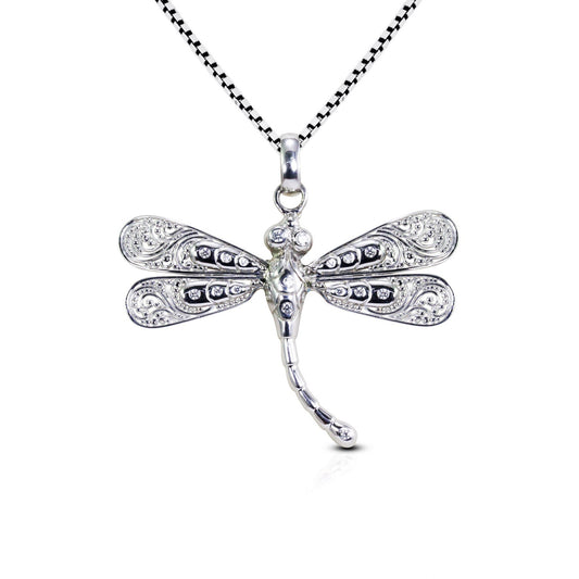 Dragonfly pendant 925 sterling silver with genuine white zircon decorated with open work filigree