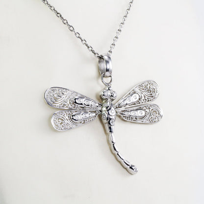 Dragonfly pendant 925 sterling silver with genuine white zircon decorated with open work filigree