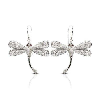 dragonfly earrings 925 sterling silver decorated with genuine red Garnet and open work filigree