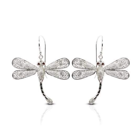 dragonfly earrings 925 sterling silver decorated with genuine red Garnet and open work filigree