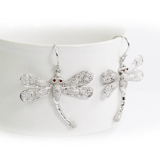 dragonfly earrings 925 sterling silver decorated with genuine red Garnet and open work filigree