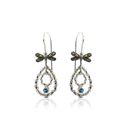 dangle drop earrings 925 sterling silver with genuine blue topaz and 18K yellow gold dragonfly ornament