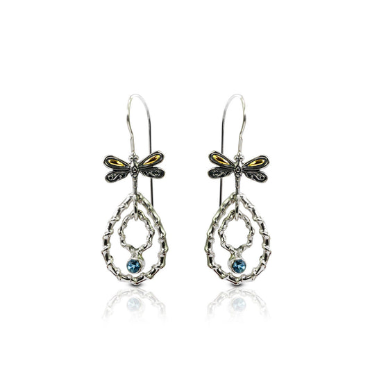dangle drop earrings 925 sterling silver with genuine blue topaz and 18K yellow gold dragonfly ornament