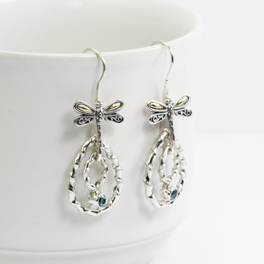 dangle drop earrings 925 sterling silver with genuine blue topaz and 18K yellow gold dragonfly ornament