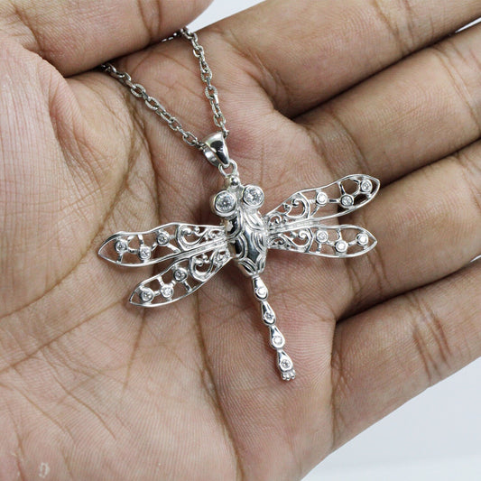 Dragonfly pendant 925 sterling silver with white zircon decorated with open work filigree