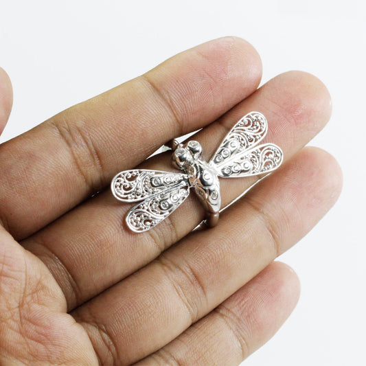 Dragonfly ring 925 sterling silver decorated with white crystal and open work filigree ornament