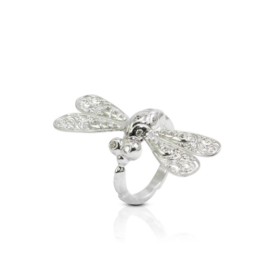 Dragonfly ring 925 sterling silver decorated with white crystal and open work filigree ornament