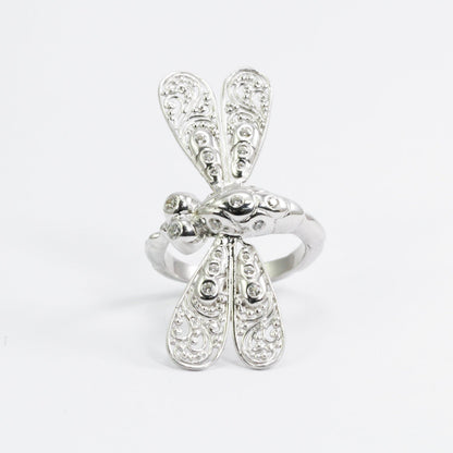 Dragonfly ring 925 sterling silver decorated with white crystal and open work filigree ornament