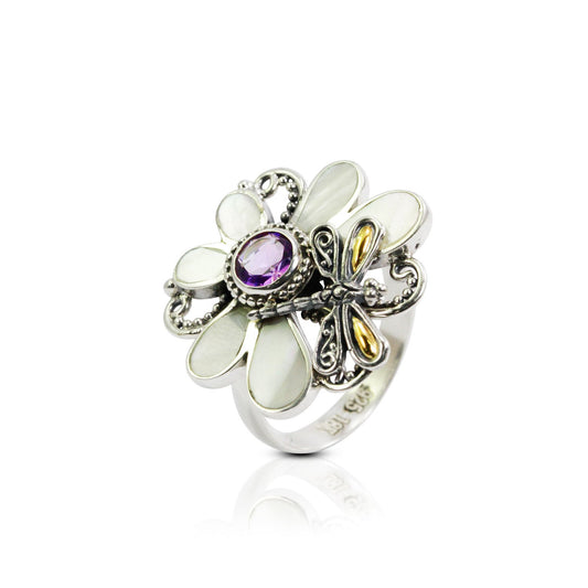 Dragonfly ring 925 sterling silver decorated with genuine amethyst and white shell and 18K yellow gold