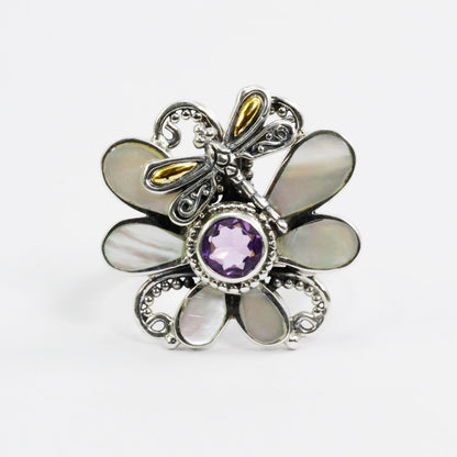 Dragonfly ring 925 sterling silver decorated with genuine amethyst and white shell and 18K yellow gold