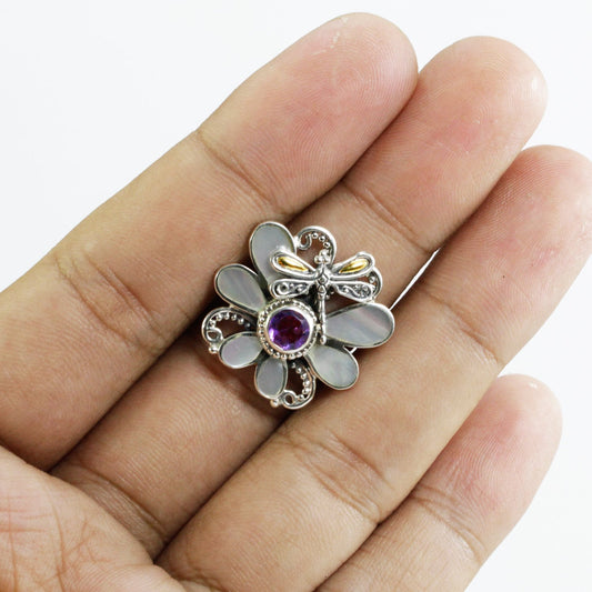 Dragonfly ring 925 sterling silver decorated with genuine amethyst and white shell and 18K yellow gold