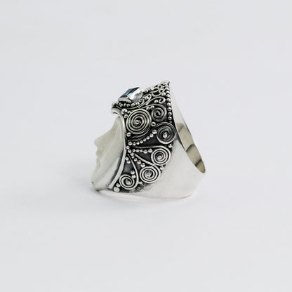 face ring 925 sterling silver with genuine blue topaz and cow bone carving and filigree ornament