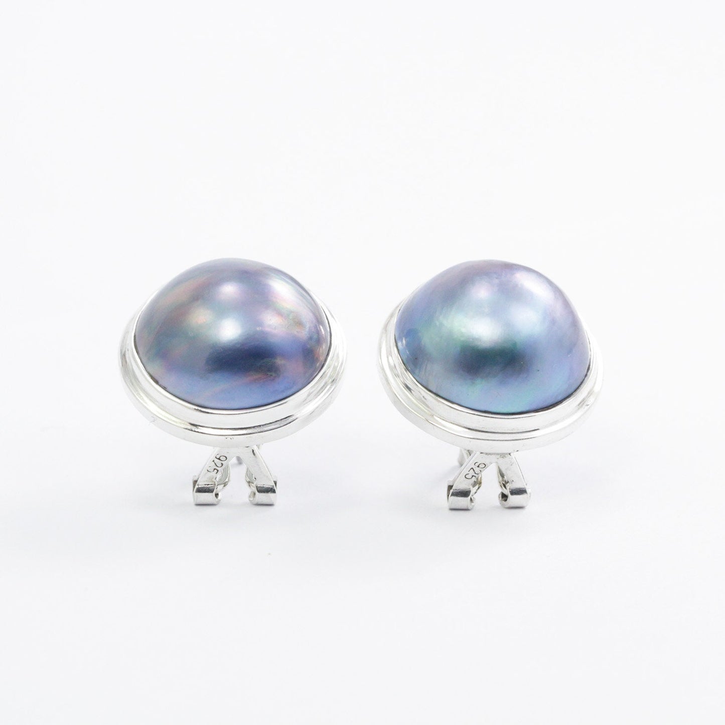 Blue Mabe Stud Earring set in Double Bezel Handmade 925 Sterling Silver with Omega Closure
