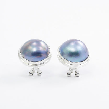 Blue Mabe Stud Earring set in Double Bezel Handmade 925 Sterling Silver with Omega Closure