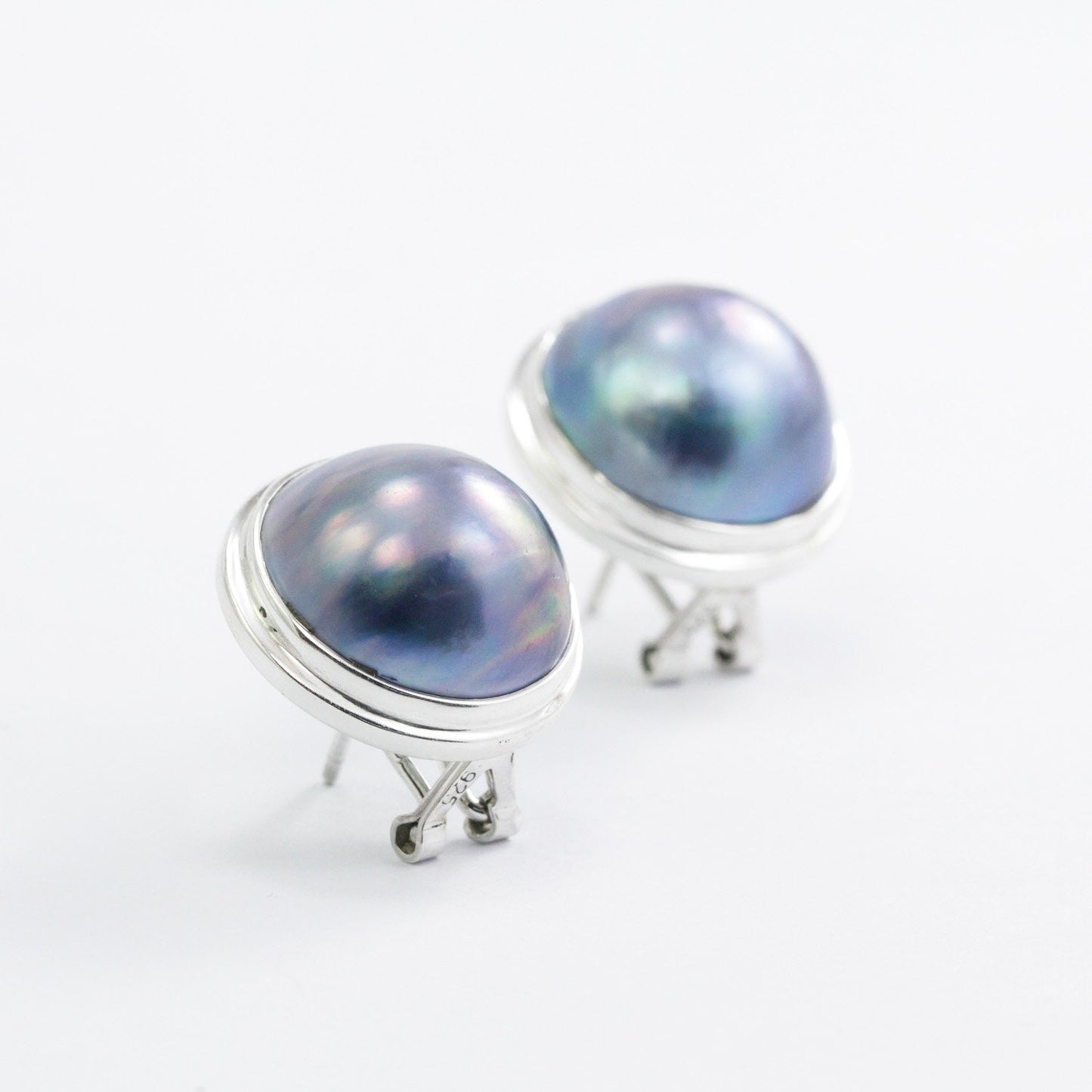 Blue Mabe Stud Earring set in Double Bezel Handmade 925 Sterling Silver with Omega Closure