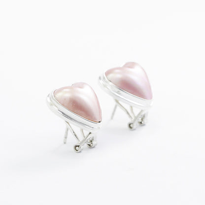 Heart - Shape Pink Mabe Pearl stud Earring set in Handmade 925 Sterling Silver with Omega Closure