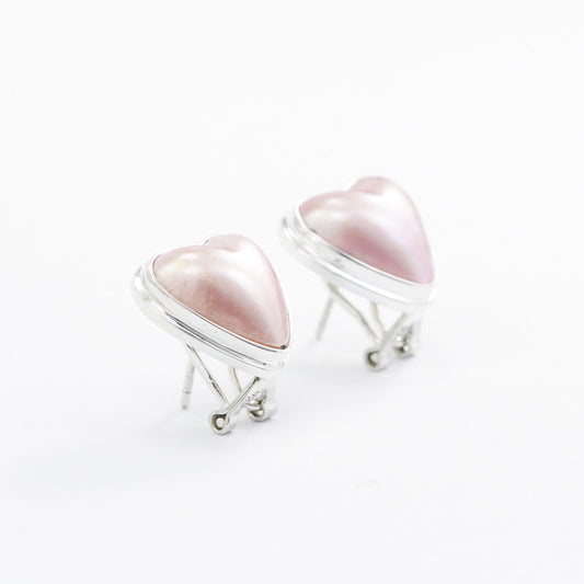 Heart - Shape Pink Mabe Pearl stud Earring set in Handmade 925 Sterling Silver with Omega Closure