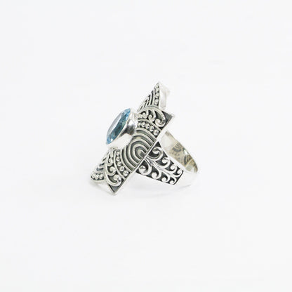 wide band ring sterling silver 925 with genuine blue topaz decorated with filigree ornament