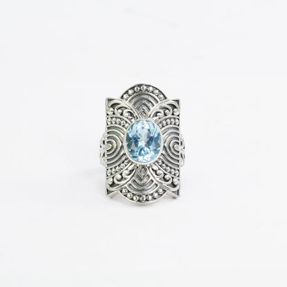wide band ring sterling silver 925 with genuine blue topaz decorated with filigree ornament