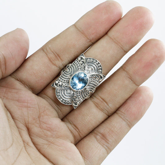 wide band ring sterling silver 925 with genuine blue topaz decorated with filigree ornament