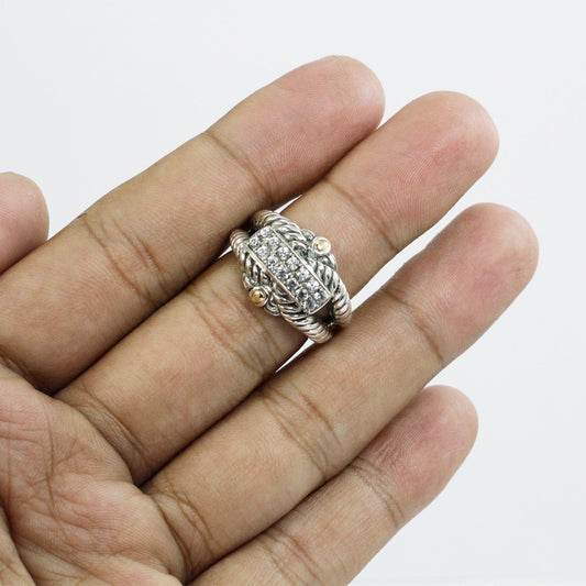cable ring 925 sterling silver decorated with genuine white zircon and 18K yellow gold