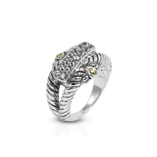 cable ring 925 sterling silver decorated with genuine white zircon and 18K yellow gold