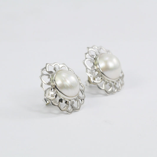 white mabe pearl stud earrings 925 sterling silver with lotus shape ornament