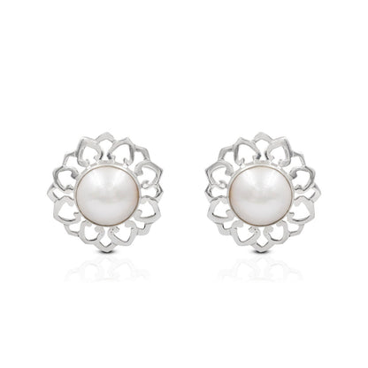 white mabe pearl stud earrings 925 sterling silver with lotus shape ornament