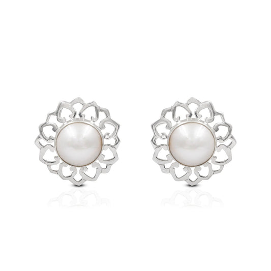 white mabe pearl stud earrings 925 sterling silver with lotus shape ornament