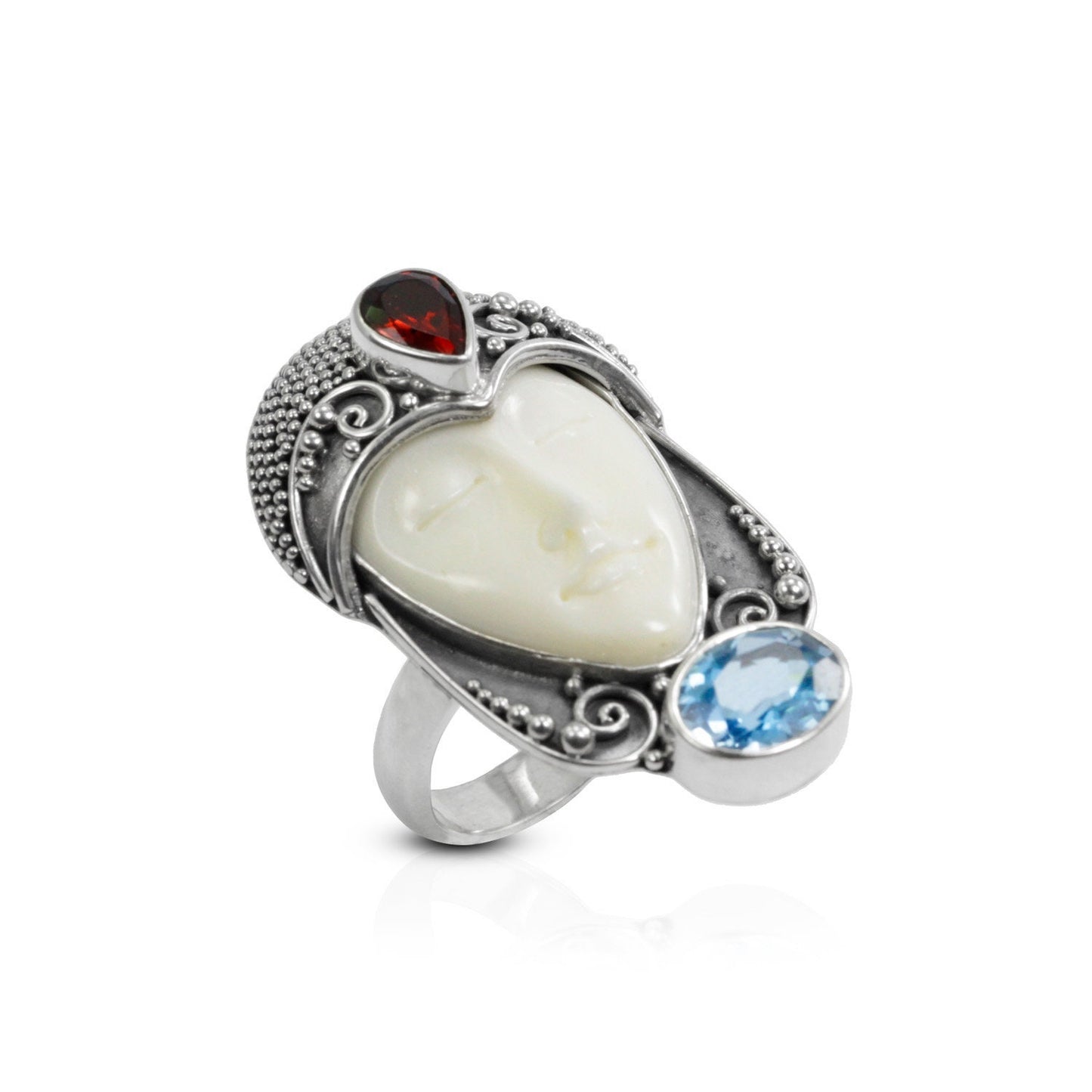 face ring 925 sterling silver with cow bone carving, genuine blue topaz and natural red garnet