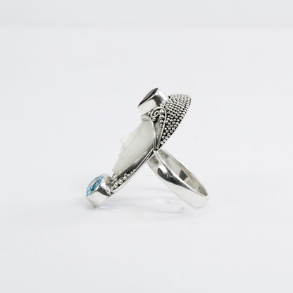 face ring 925 sterling silver with cow bone carving, genuine blue topaz and natural red garnet
