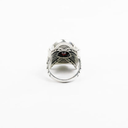 wide band ring 925 sterling silver with natural garnet decorated with filigree ornament