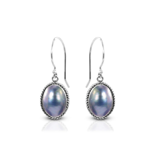 genuine oval grey mabe pearl dangle earrings set in 925 sterling silver with realistic snake carving, snake earrings with blue pearl