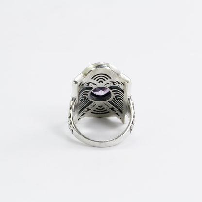 Amethyst ring set in 925 sterling silver wide band decorated with filigree ornament
