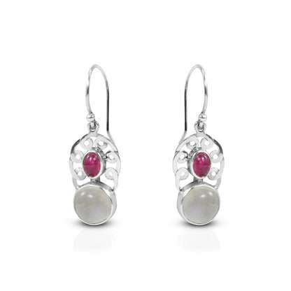 moonstone earrings dangle 925 sterling silver with genuine pink tourmaline and woven Celtic handmade