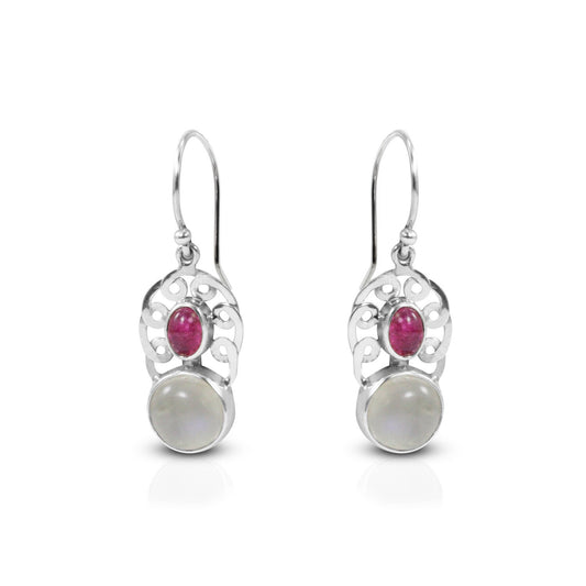 moonstone earrings dangle 925 sterling silver with genuine pink tourmaline and woven Celtic handmade