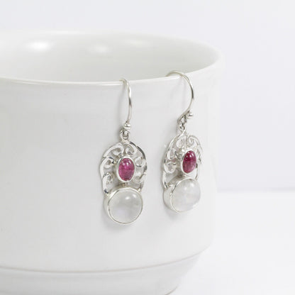moonstone earrings dangle 925 sterling silver with genuine pink tourmaline and woven Celtic handmade