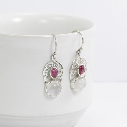 moonstone earrings dangle 925 sterling silver with genuine pink tourmaline and woven Celtic handmade
