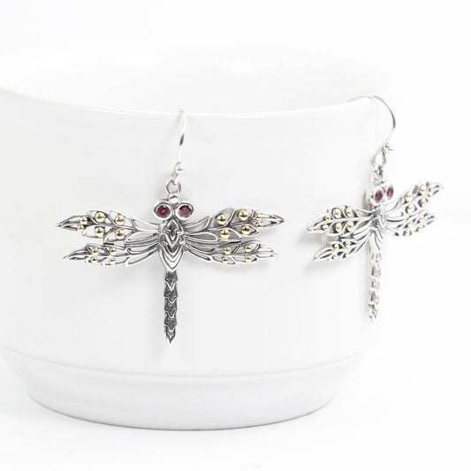 dragonfly earrings 925 sterling silver and 18K yellow gold decorated with open work filigree and pink tourmaline