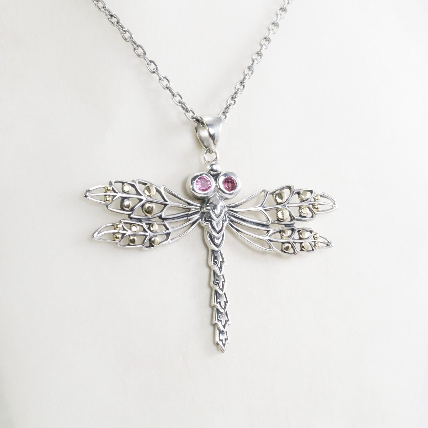 Dragonfly pendant 925 sterling silver and 18K yellow gold with pink tourmaline