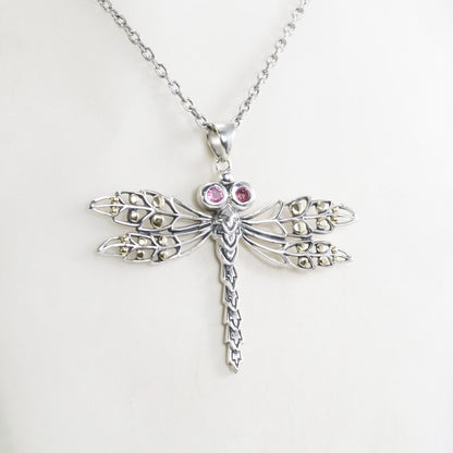 Dragonfly pendant 925 sterling silver and 18K yellow gold with pink tourmaline