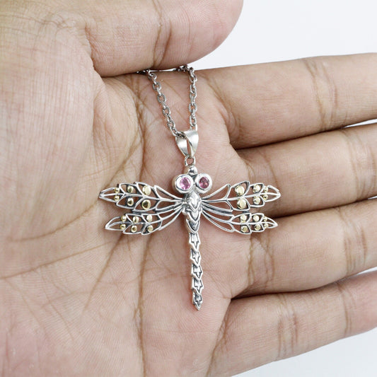 Dragonfly pendant 925 sterling silver and 18K yellow gold with pink tourmaline