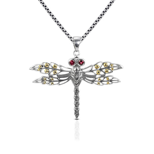 Dragonfly pendant 925 sterling silver and 18K yellow gold with pink tourmaline