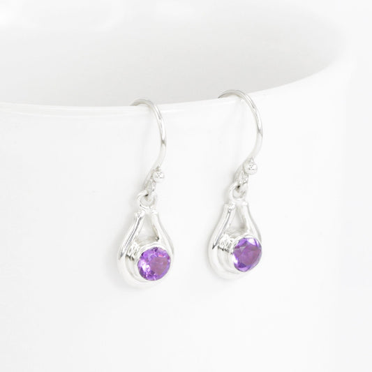 amethyst earrings round shape set in 925 sterling silver decorated with white filigree ornament bezel