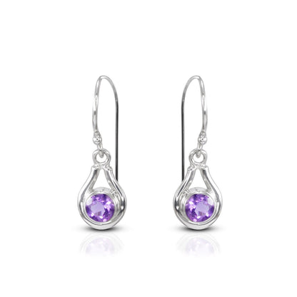 amethyst earrings round shape set in 925 sterling silver decorated with white filigree ornament bezel