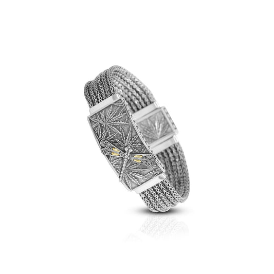 cannabis bracelet 925 sterling silver decorated with dragonfly ornament 18K yellow gold and woven snake chain