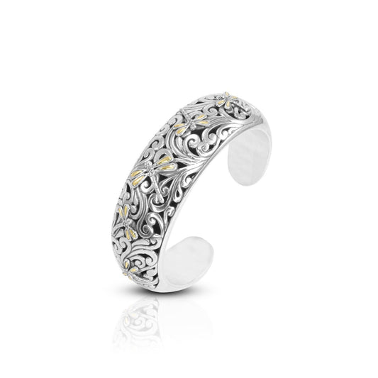 iconic dragonfly cuff bangle 925 sterling silver decorated with open work filigree and and 18K yellow gold wings accent