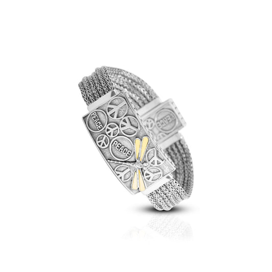 Peace bracelet 925 sterling silver decorated with dragonfly ornament 18K yellow gold and woven snake chain